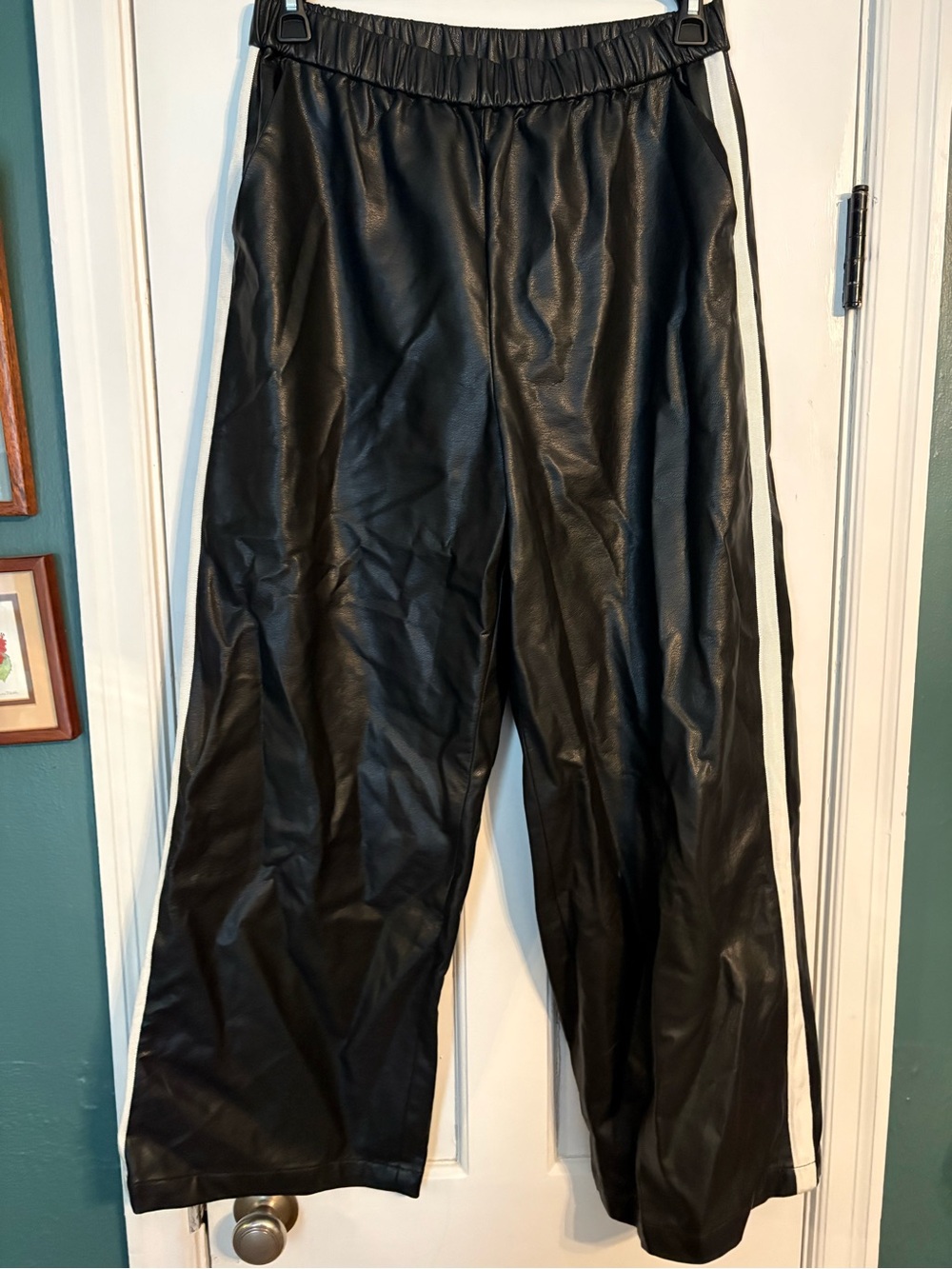 Anthropologie Black Wide-Leg Faux Leather Pants with White Side Stripe